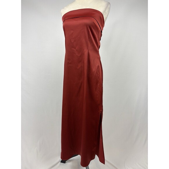 by Anthropologie Strapless Dress Orange Red Rust Satin Size Large Cowl Back - Picture 15 of 15